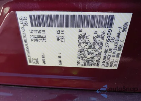 2017 Nissan Maxima 3.5 Sl из США, поврежденный, VIN 1N4AA6AP4HC376409